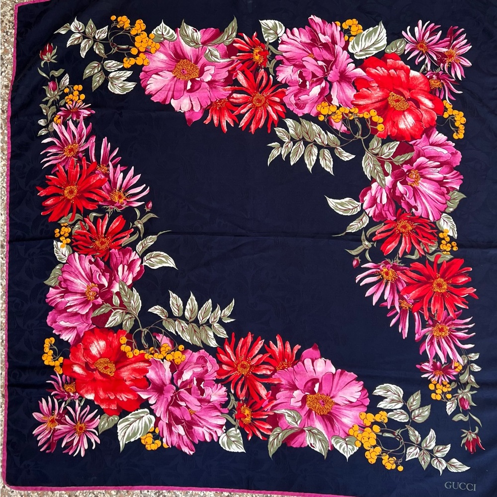 Gucci Navy and Pink Floral Silk Scarf